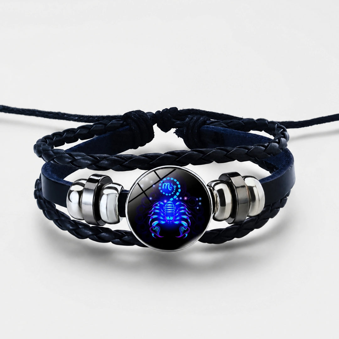 Adjustable Zodiac Bracelet with Leather Band, Alloy Charm and Wax Cord Design
