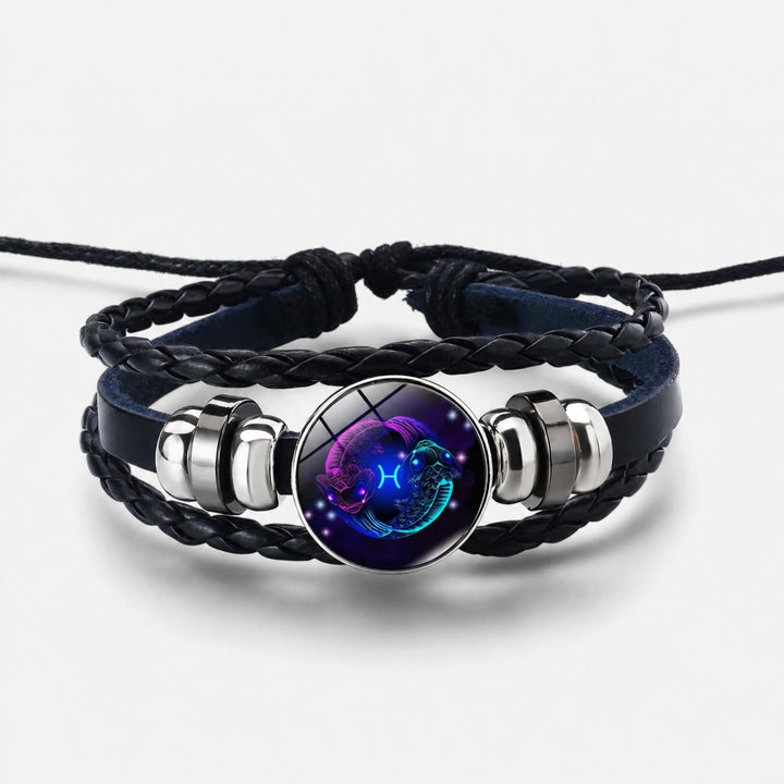 Adjustable Zodiac Bracelet with Leather Band, Alloy Charm and Wax Cord Design