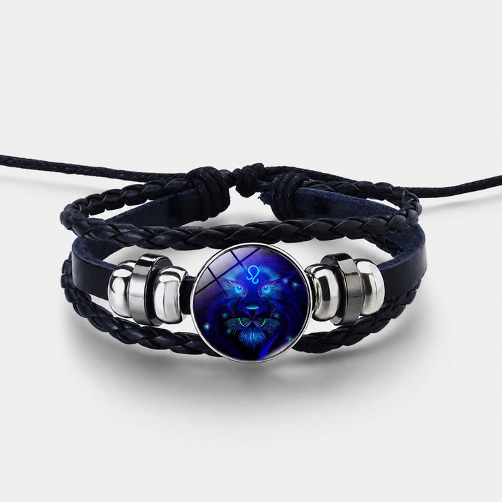 Adjustable Zodiac Bracelet with Leather Band, Alloy Charm and Wax Cord Design