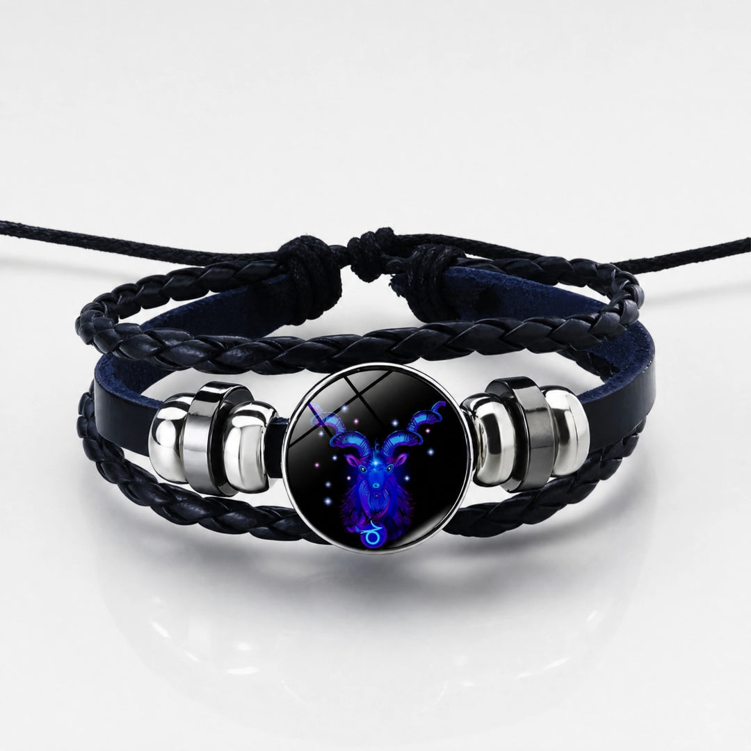 Adjustable Zodiac Bracelet with Leather Band, Alloy Charm and Wax Cord Design