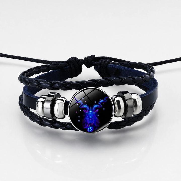 Adjustable Zodiac Bracelet with Leather Band, Alloy Charm and Wax Cord Design