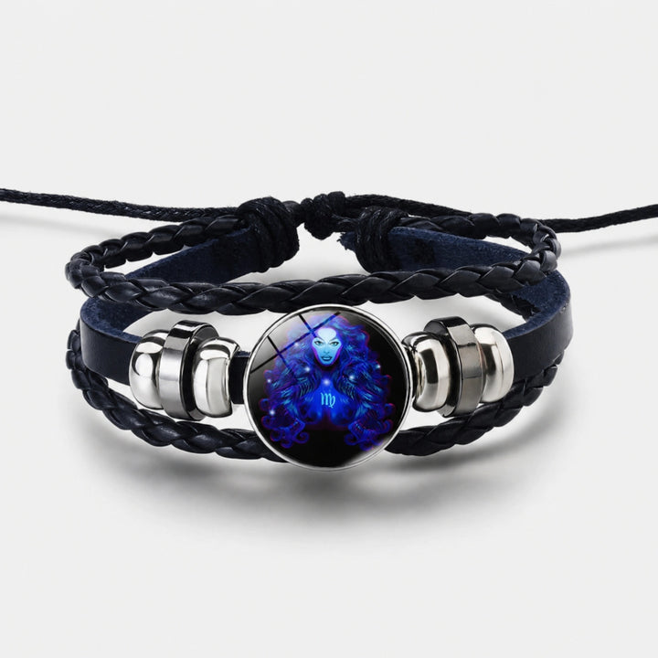 Adjustable Zodiac Bracelet with Leather Band, Alloy Charm and Wax Cord Design