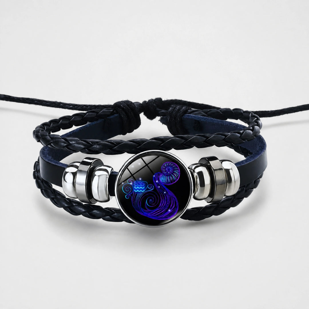 Adjustable Zodiac Bracelet with Leather Band, Alloy Charm and Wax Cord Design