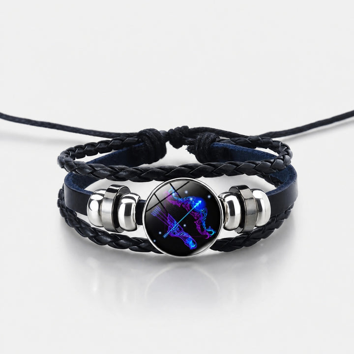 Adjustable Zodiac Bracelet with Leather Band, Alloy Charm and Wax Cord Design
