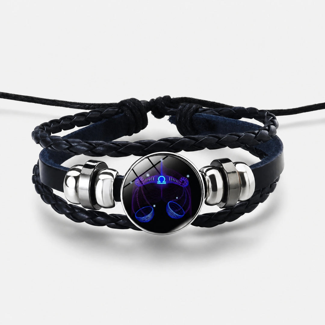 Adjustable Zodiac Bracelet with Leather Band, Alloy Charm and Wax Cord Design