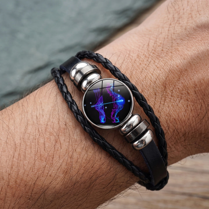 Adjustable Zodiac Bracelet with Leather Band, Alloy Charm and Wax Cord Design