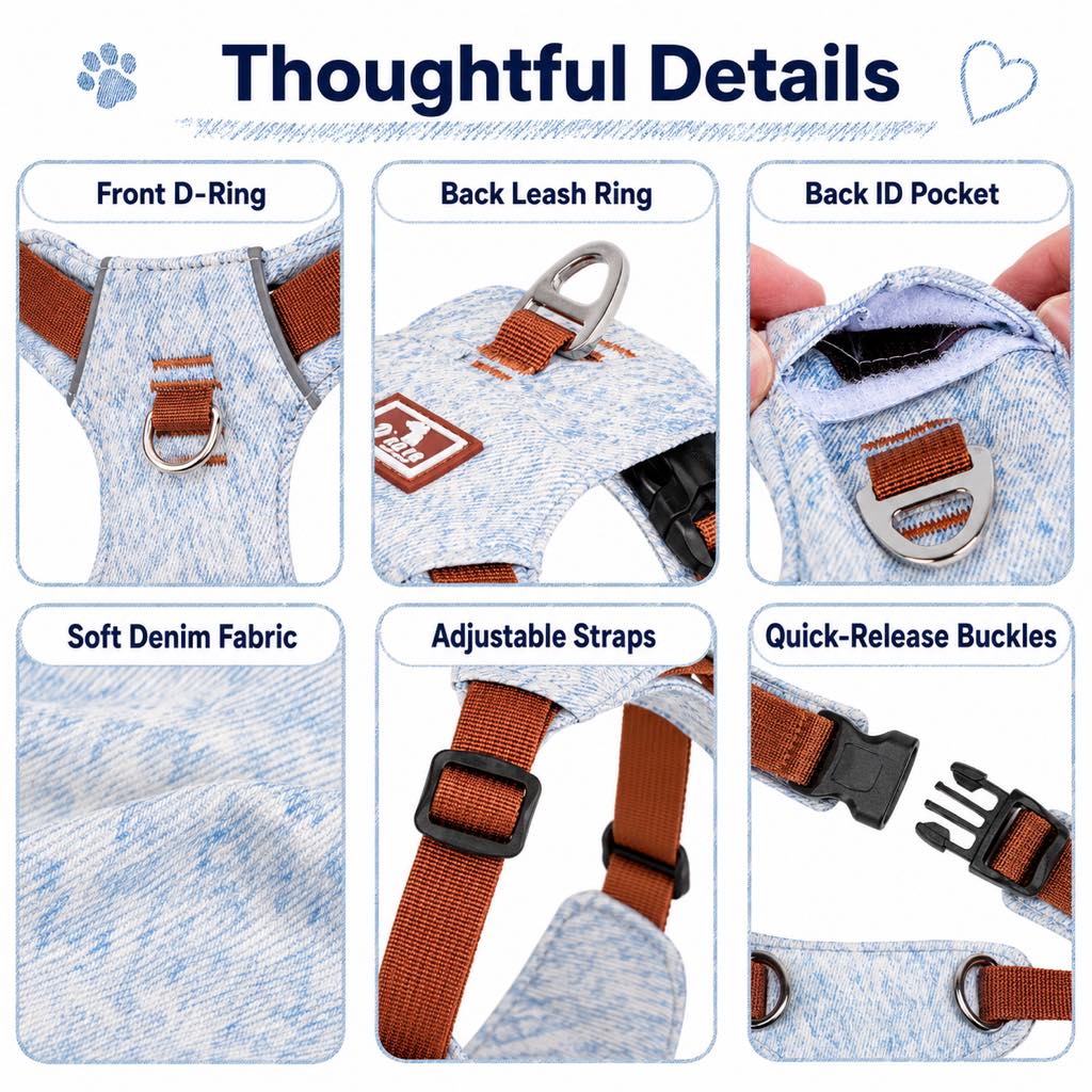 Vintage Denim No-Pull Dog Harness &5 ft Rope Leash Set