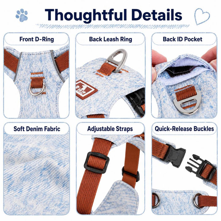 Vintage Denim No-Pull Dog Harness &5 ft Rope Leash Set