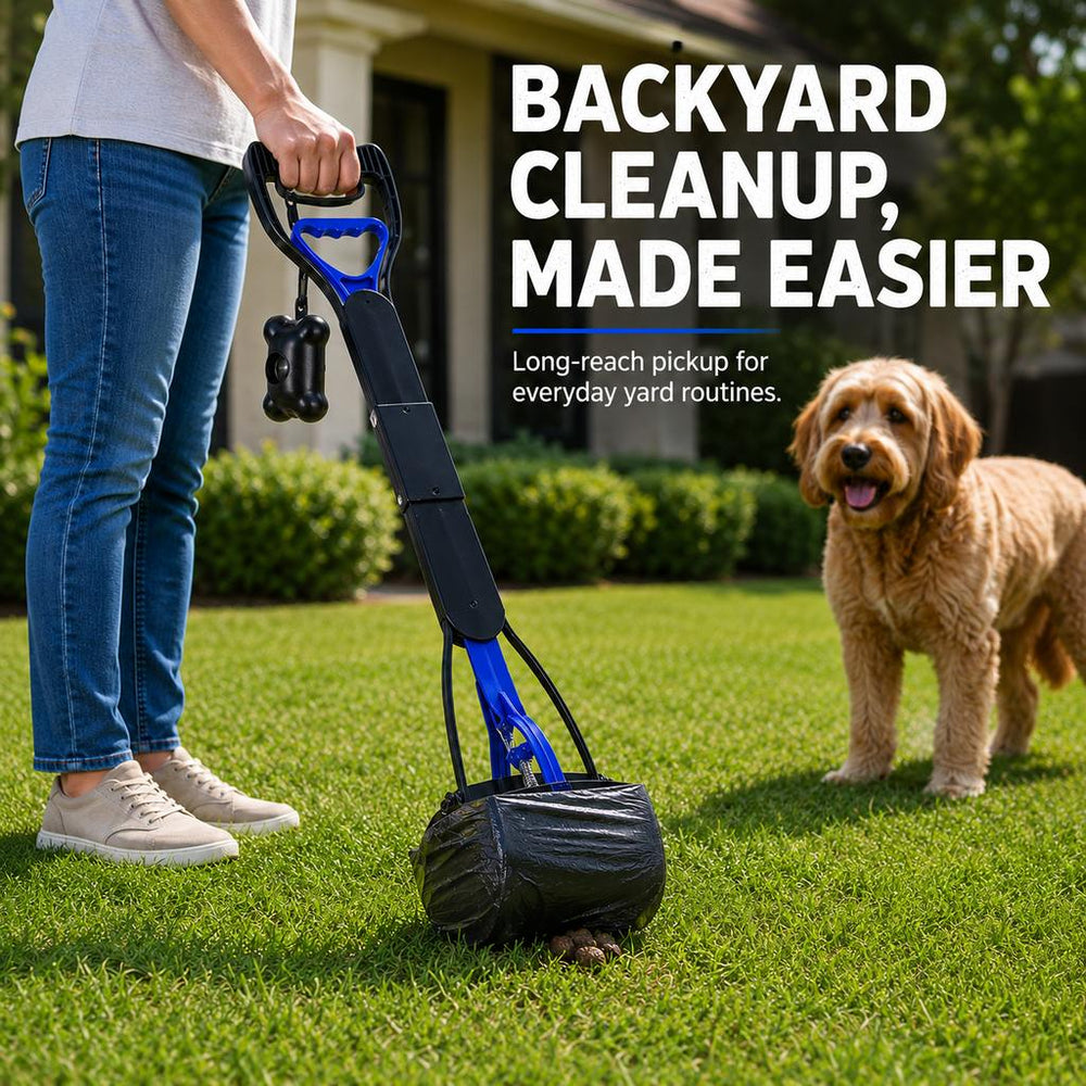 Foldable Long-Handle Dog Pooper Scooper for Yard & Walks | One-Hand Bag-Lined Pickup