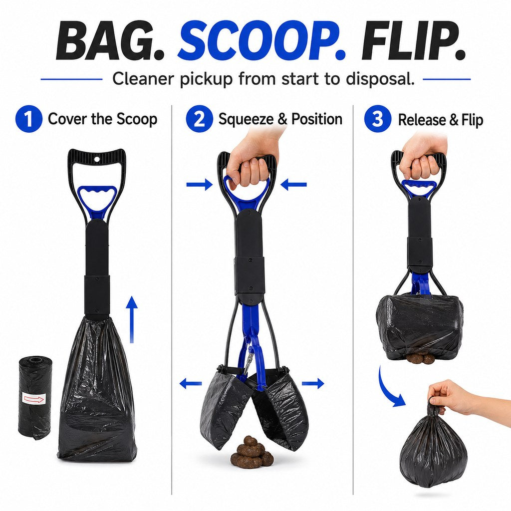 Foldable Long-Handle Dog Pooper Scooper for Yard & Walks | One-Hand Bag-Lined Pickup