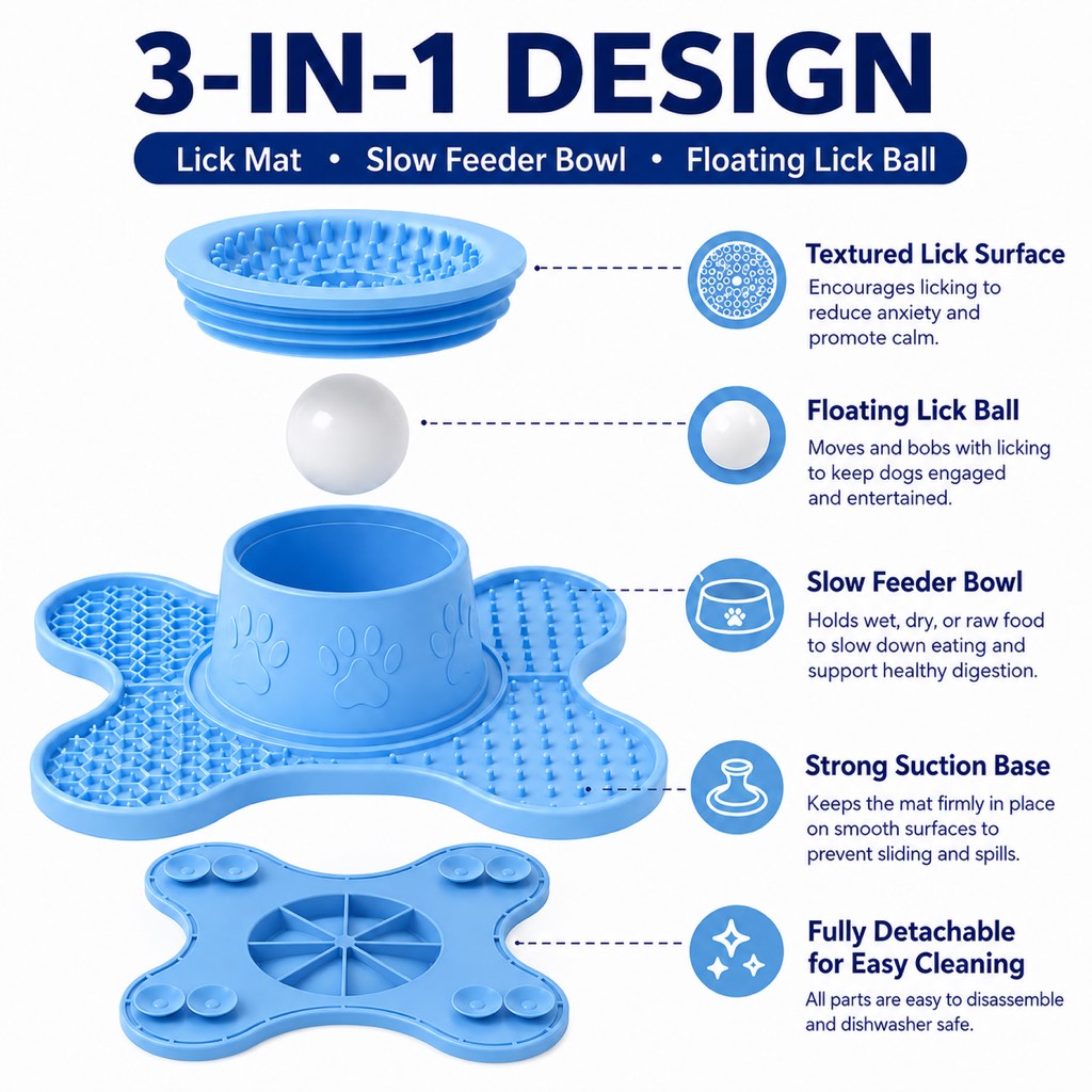 3-in-1 Dog Lick Mat & Slow Feeder Bowl for Bath Time, Grooming & Home Alone