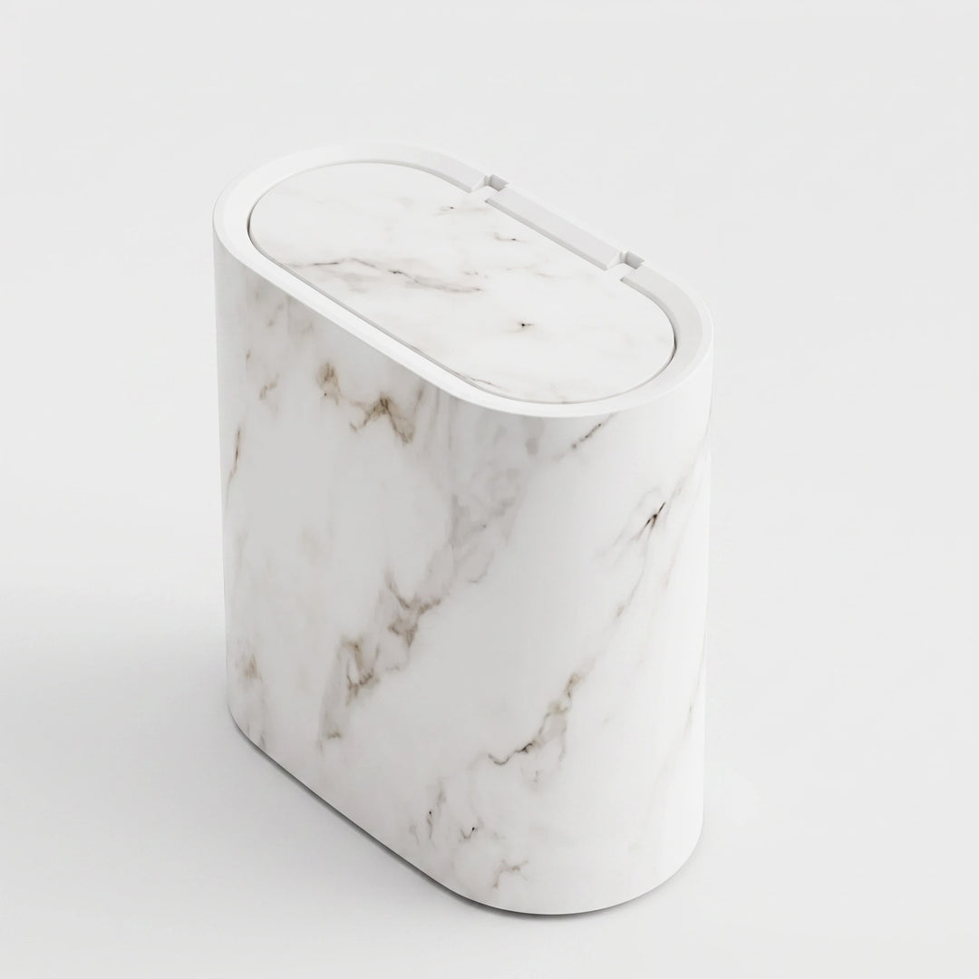 Bathroom Waste Bin with Push Lid, Slim Plastic Oval Design and Marble Finish