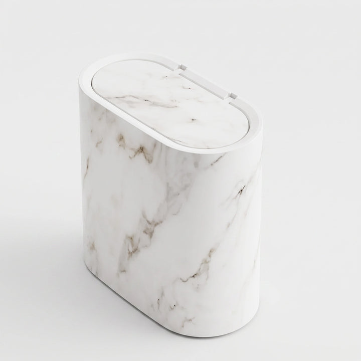 Bathroom Waste Bin with Push Lid, Slim Plastic Oval Design and Marble Finish