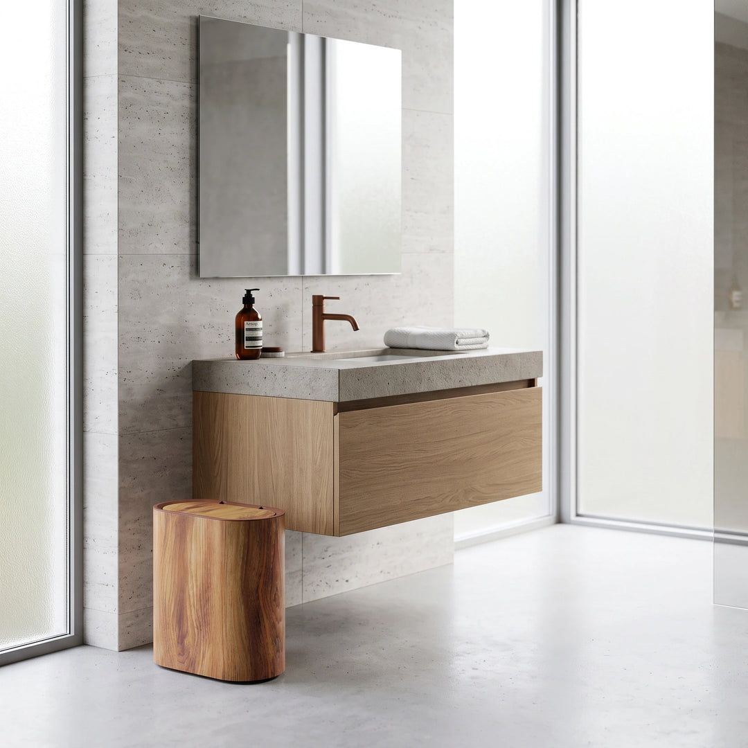 Bathroom Waste Bin with Push Lid, Slim Plastic Oval Design and Marble Finish