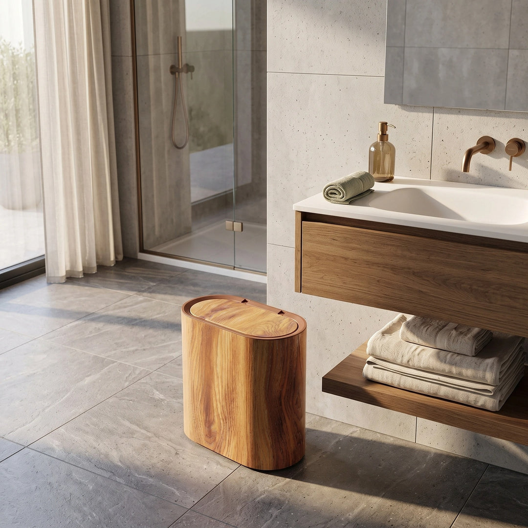 Bathroom Waste Bin with Push Lid, Slim Plastic Oval Design and Marble Finish