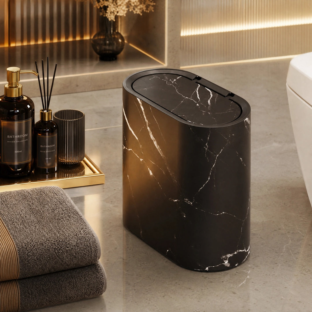 Bathroom Waste Bin with Push Lid, Slim Plastic Oval Design and Marble Finish