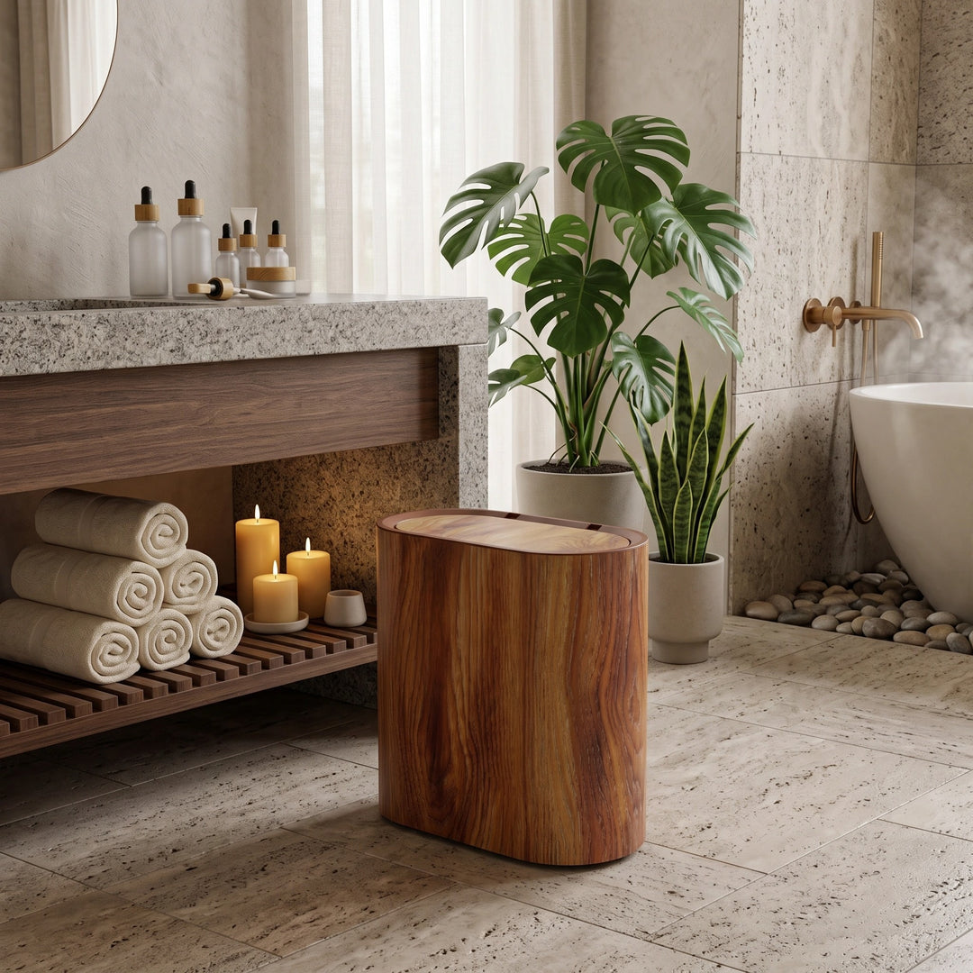 Bathroom Waste Bin with Push Lid, Slim Plastic Oval Design and Marble Finish