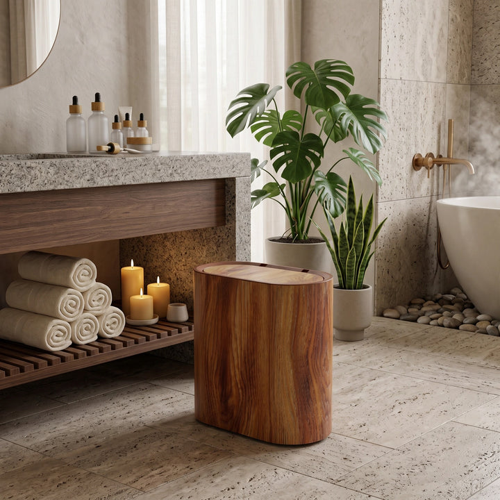 Bathroom Waste Bin with Push Lid, Slim Plastic Oval Design and Marble Finish