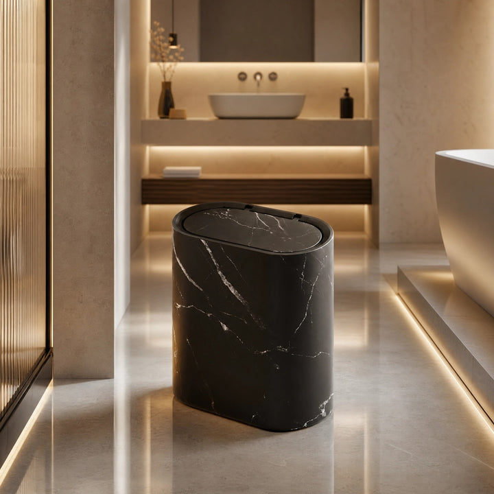 Bathroom Waste Bin with Push Lid, Slim Plastic Oval Design and Marble Finish