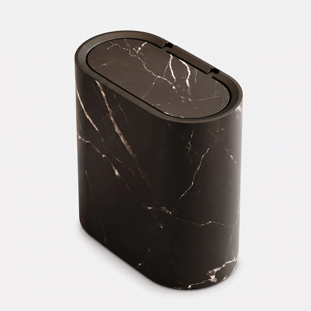Bathroom Waste Bin with Push Lid, Slim Plastic Oval Design and Marble Finish
