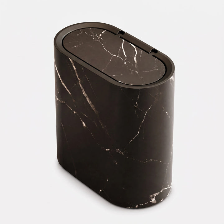 Bathroom Waste Bin with Push Lid, Slim Plastic Oval Design and Marble Finish