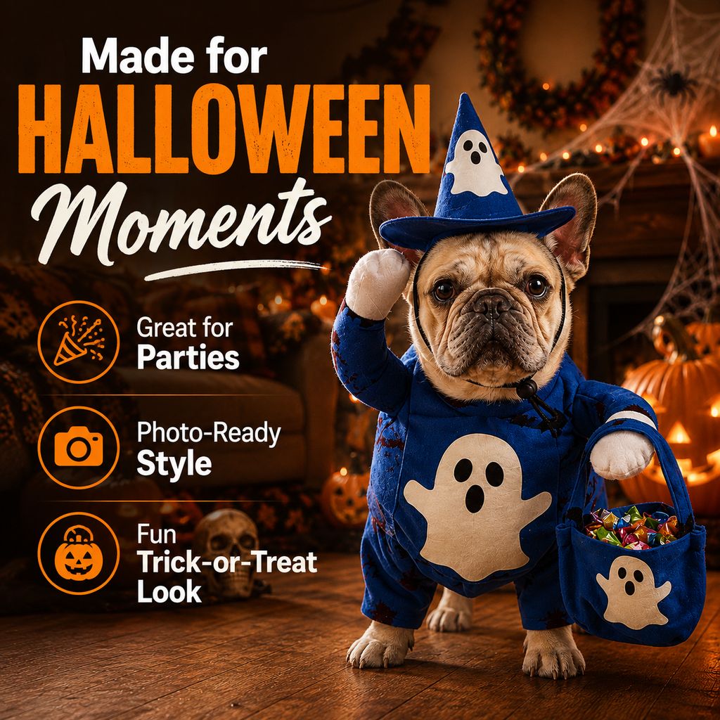 Glow-in-the-Dark Ghost Wizard Dog Costume with Hat & Treat Bag, Halloween Pet Outfit for Trick-or-Treat, Parties, Photos