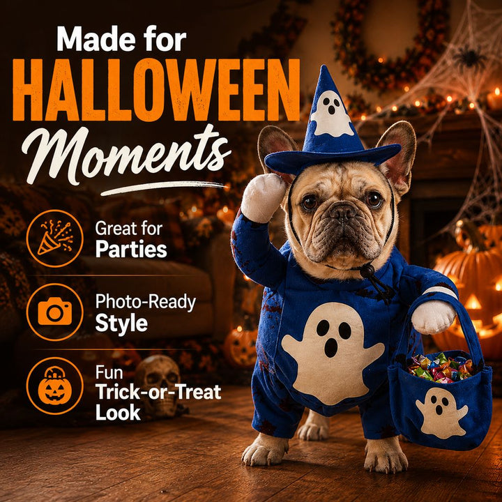Glow-in-the-Dark Ghost Wizard Dog Costume with Hat & Treat Bag, Halloween Pet Outfit for Trick-or-Treat, Parties, Photos