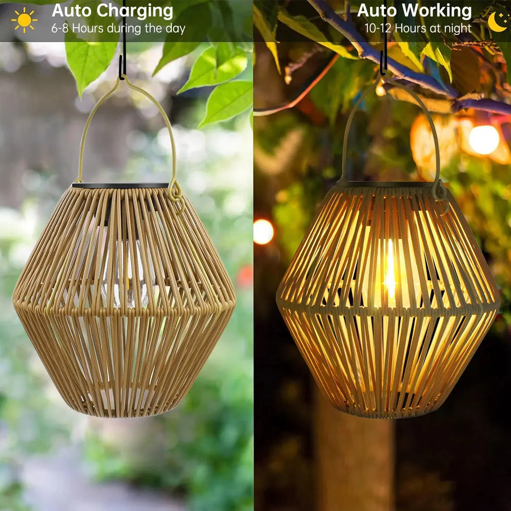 Boho Woven Rattan Solar Lantern Garden Lights - Handcrafted, IP65