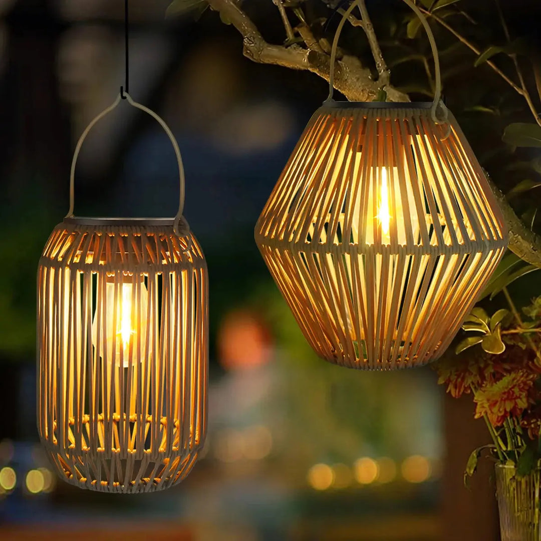 Boho Woven Rattan Solar Lantern Garden Lights - Handcrafted, IP65