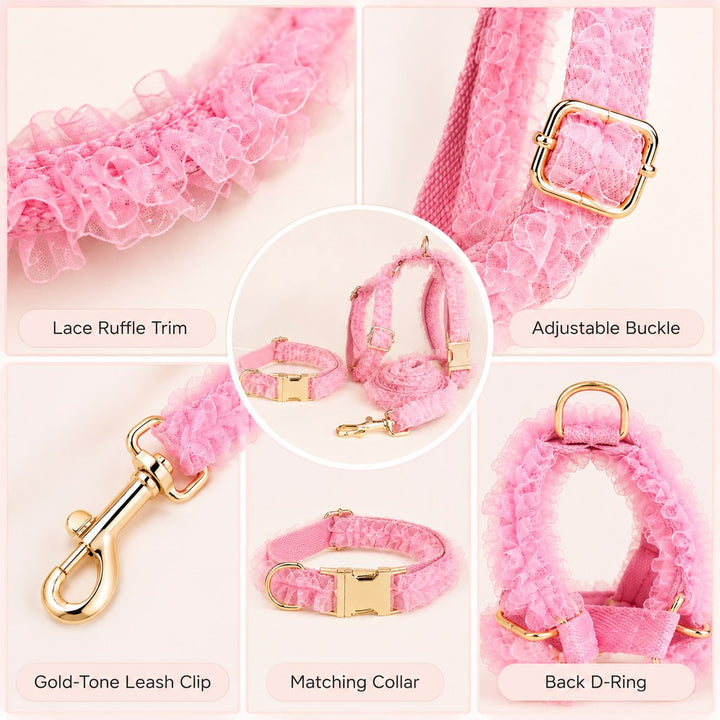 Boutique Lace Dog Harness, Collar & Leash Set for Birthday Photos & Daily Walks
