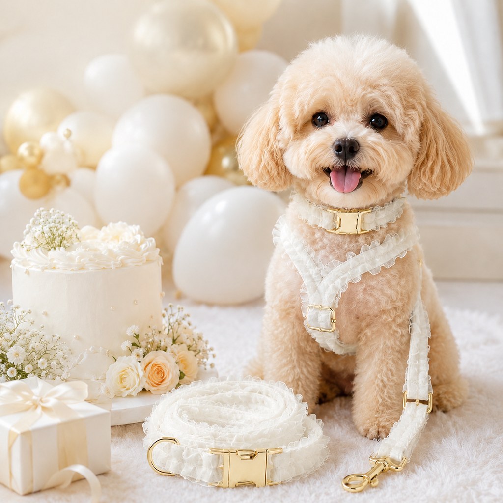 Boutique Lace Dog Harness, Collar & Leash Set for Birthday Photos & Daily Walks