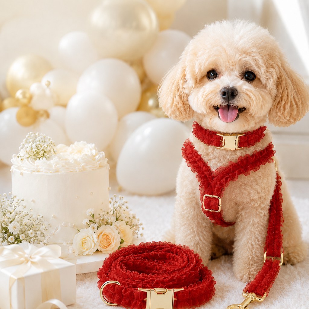 Boutique Lace Dog Harness, Collar & Leash Set for Birthday Photos & Daily Walks
