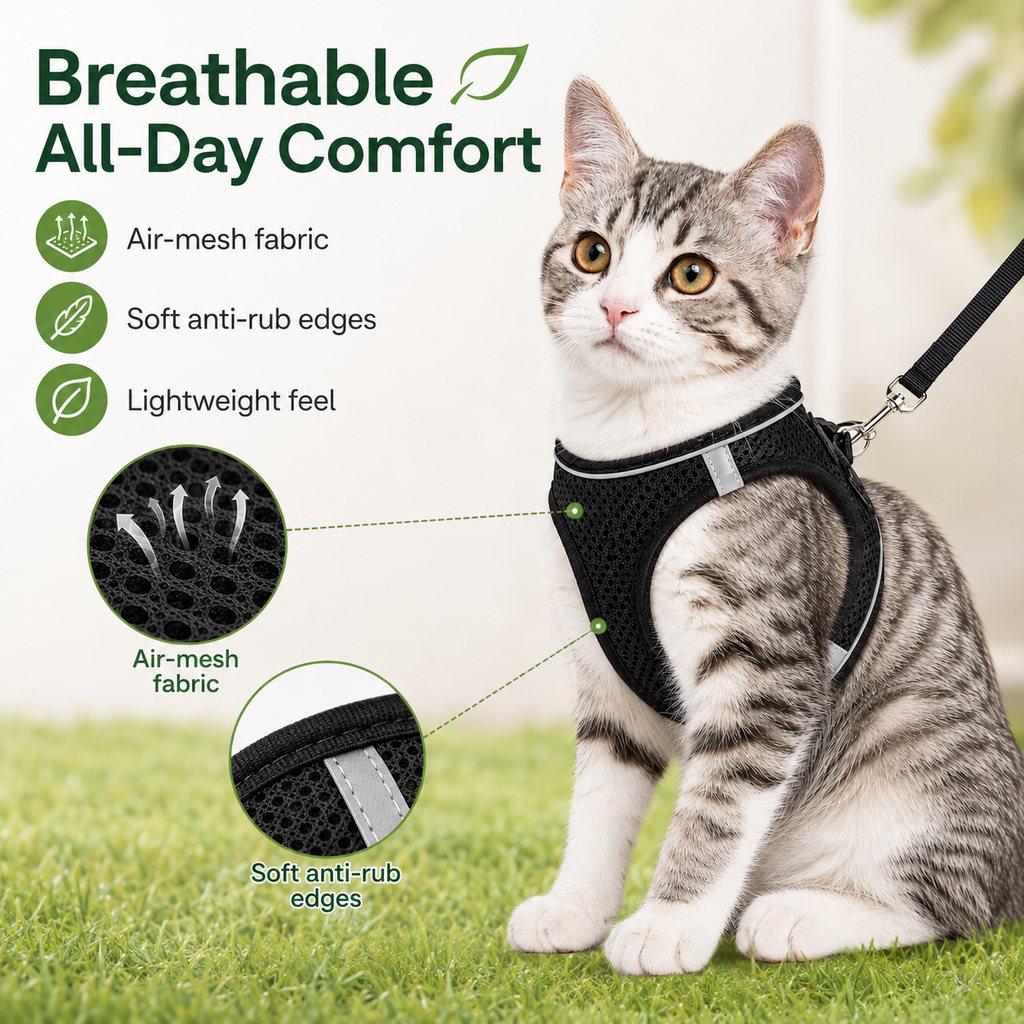 Breathable Cat Harness & Leash Set for Outdoor Walks | Adjustable Escape-Resistant Step-In Vest