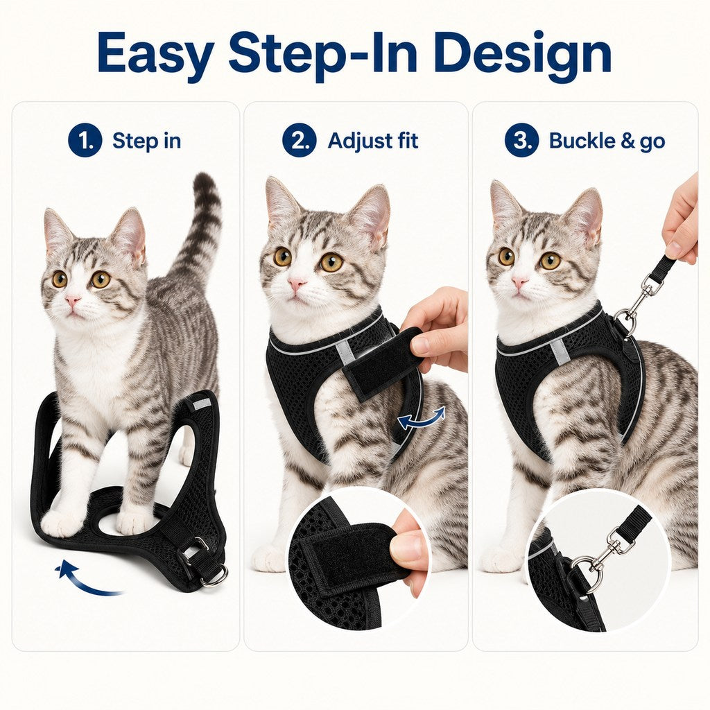 Breathable Cat Harness & Leash Set for Outdoor Walks | Adjustable Escape-Resistant Step-In Vest