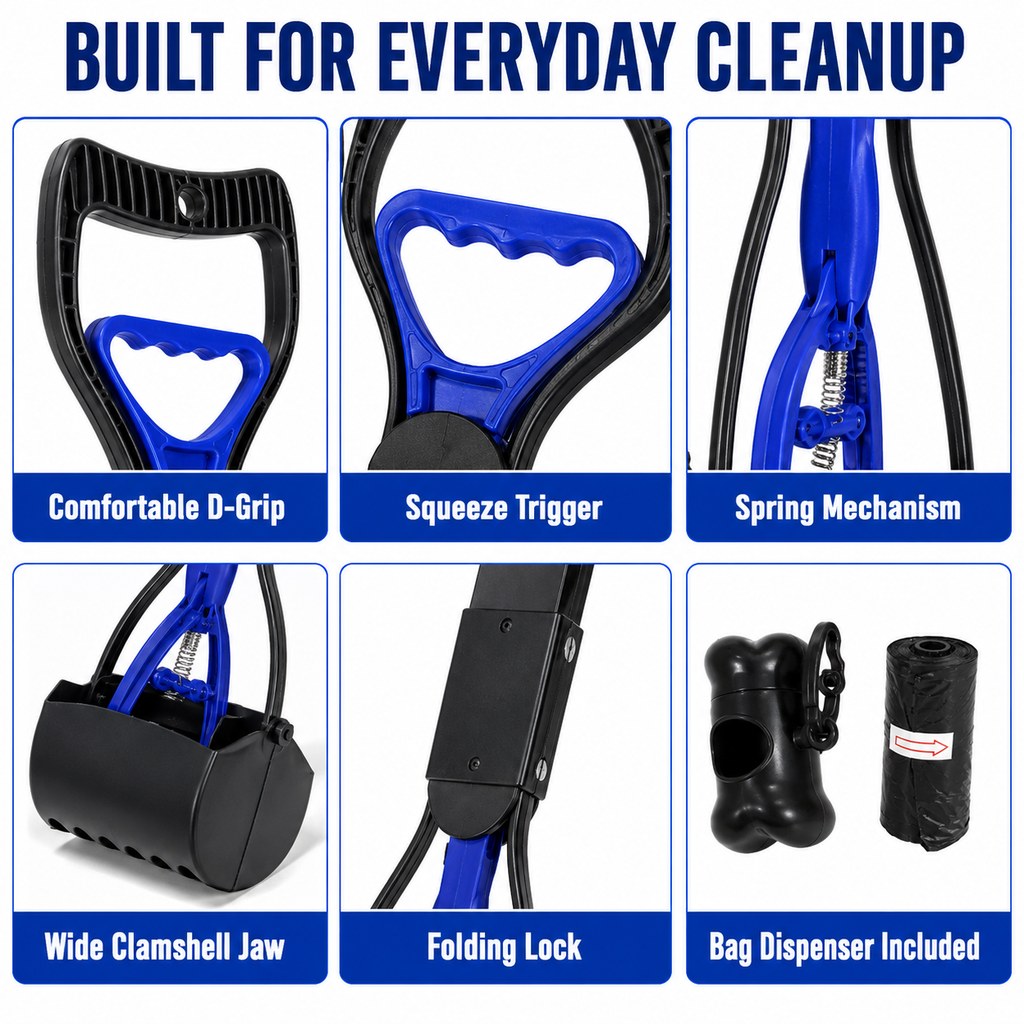 Foldable Long-Handle Dog Pooper Scooper for Yard & Walks | One-Hand Bag-Lined Pickup