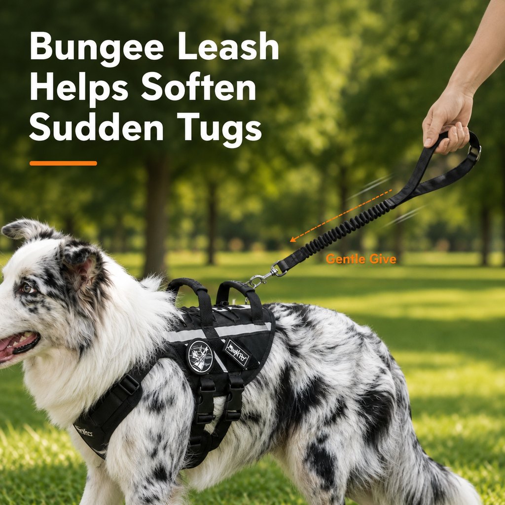 Outdoor Dog Harness & Bungee Leash Set with Dual Handles, Storage Pouch & Patch Accessories for Hiking, Walking and Ever