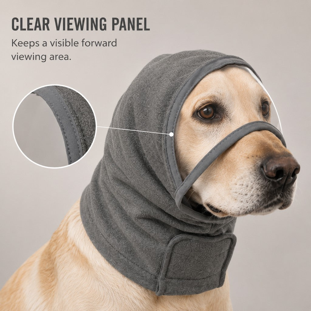 Calming Dog Hood with Clear Viewing Panel, Gentle Head & Neck Wrap for Grooming, Thunderstorms, Fireworks & Travel Comfo