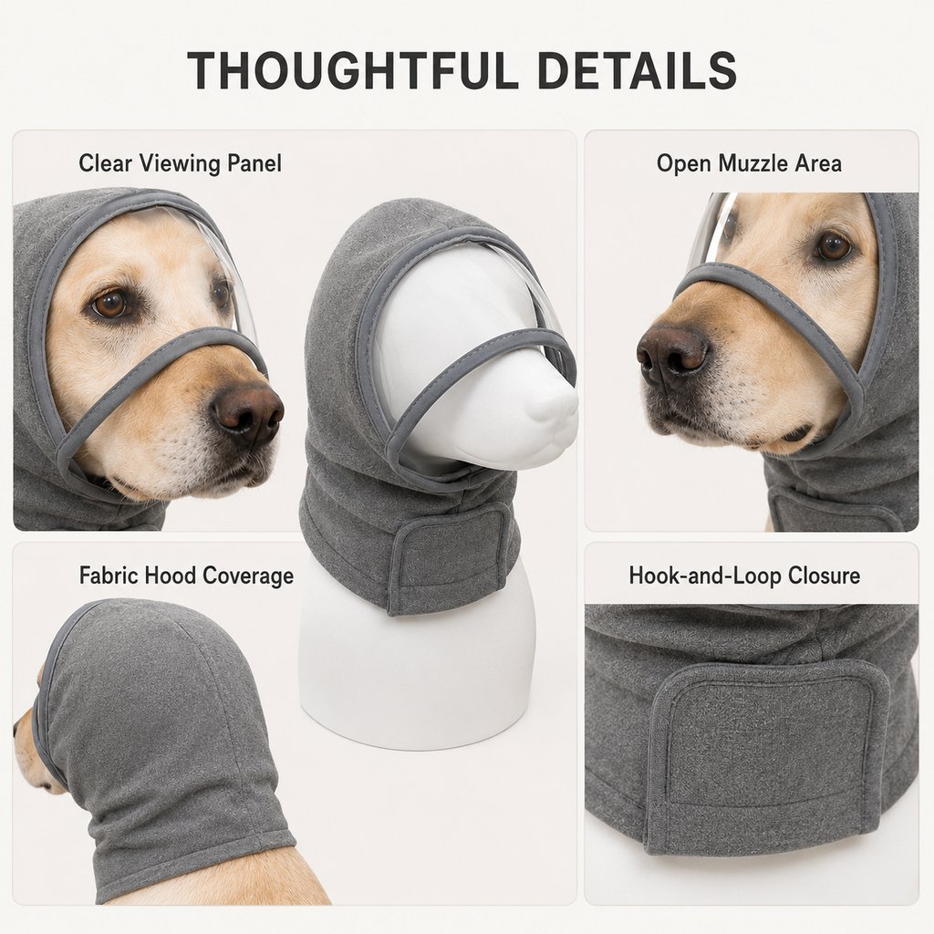 Calming Dog Hood with Clear Viewing Panel, Gentle Head & Neck Wrap for Grooming, Thunderstorms, Fireworks & Travel Comfo