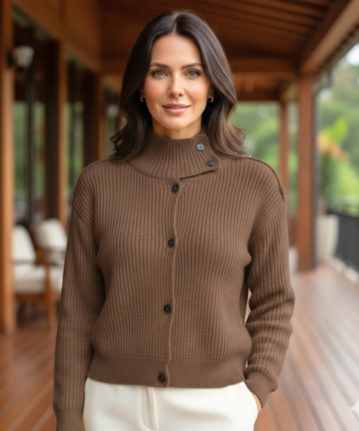 Women's Ribbed Cropped Cardigan for Autumn and Winter in Chocolate