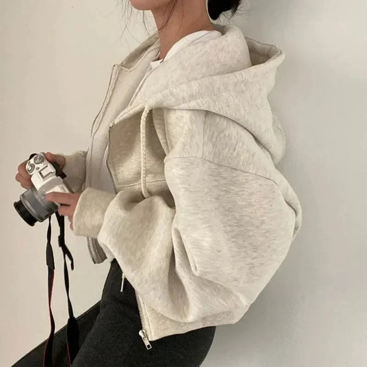 Women's Cropped Zip-Through Hooded Sweatshirt for Cold Weather in Beige