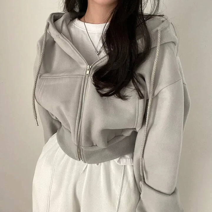 Women's Cropped Zip-Through Hooded Sweatshirt for Cold Weather in Light Grey