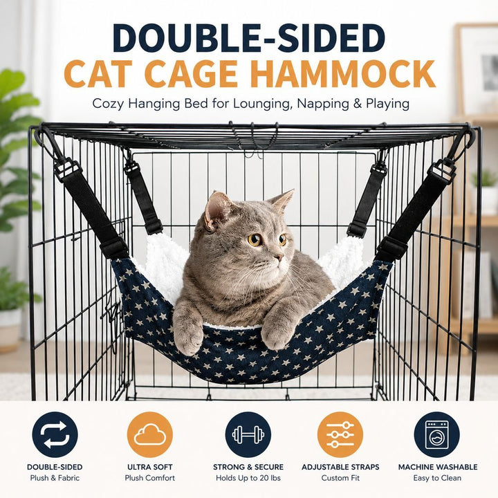 Reversible Cat Cage Hammock with Adjustable Straps | Space-Saving Hanging Bed for Wire Crates