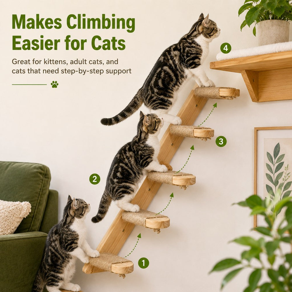 Wall-Mounted Solid Wood Cat Steps for Shelves & Perches | Space-Saving Jute Climbing Ladder