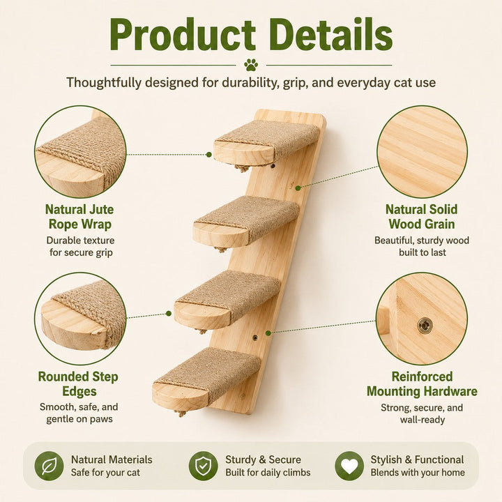 Wall-Mounted Solid Wood Cat Steps for Shelves & Perches | Space-Saving Jute Climbing Ladder