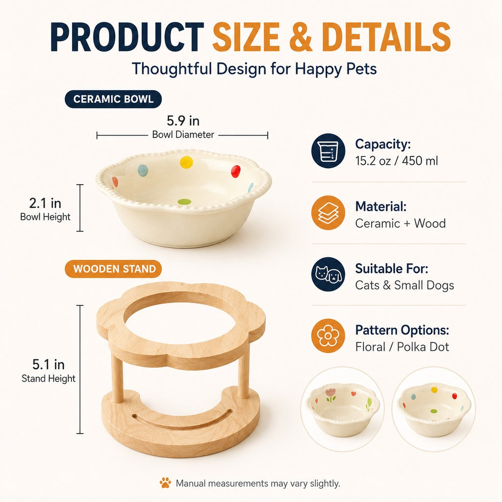 Elevated Ceramic Pet Bowl with Wooden Stand for Cats & Small Dogs