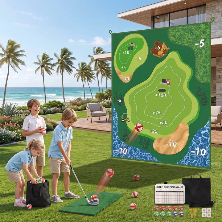 Children's Indoor Outdoor Golf Training Set with Target Wall and Swing Mat