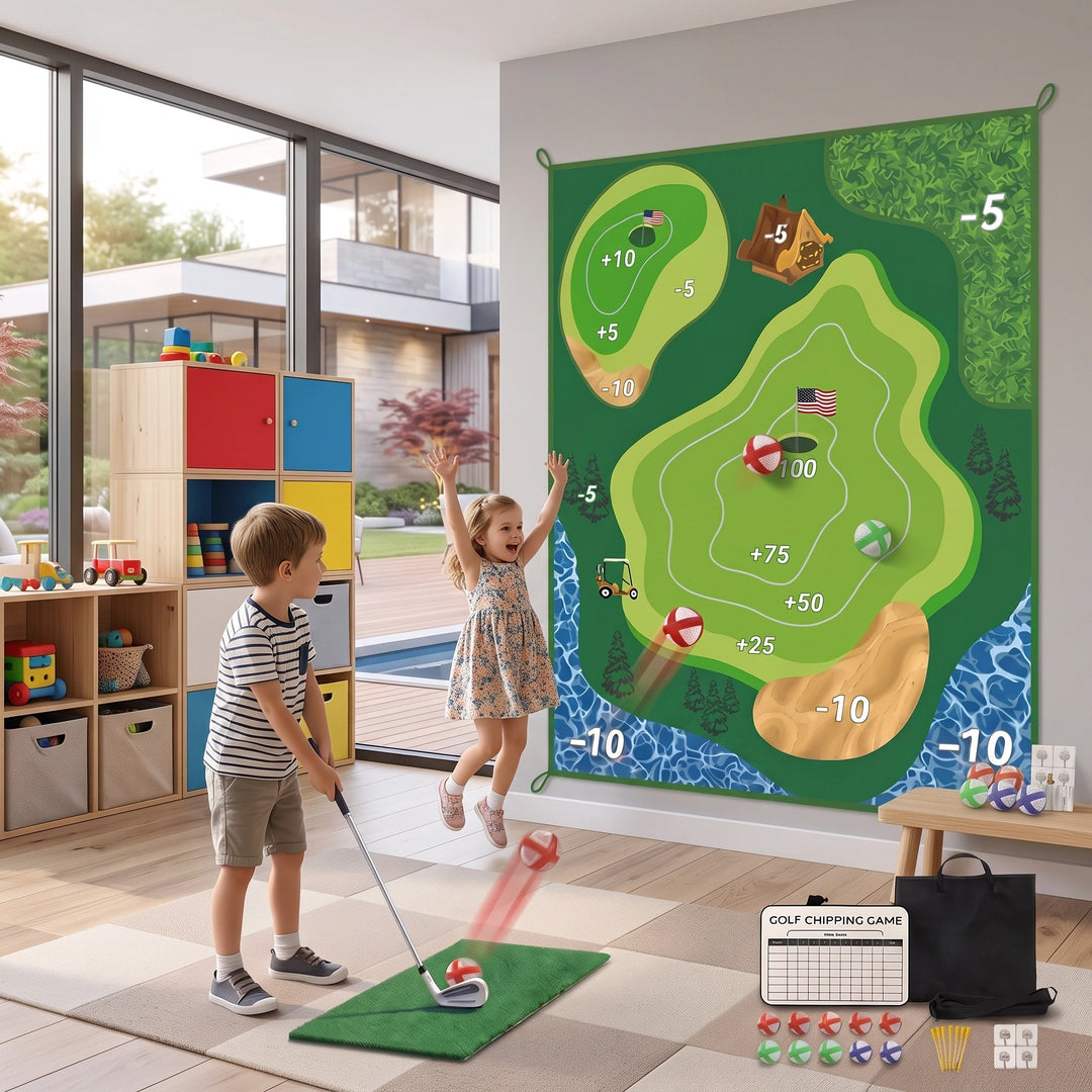 Children's Indoor Outdoor Golf Training Set with Target Wall and Swing Mat