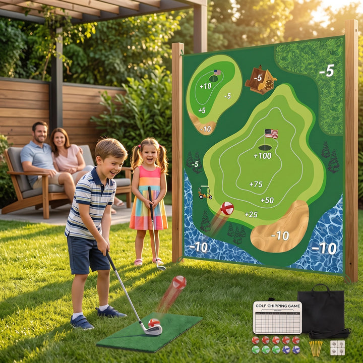 Children's Indoor Outdoor Golf Training Set with Target Wall and Swing Mat