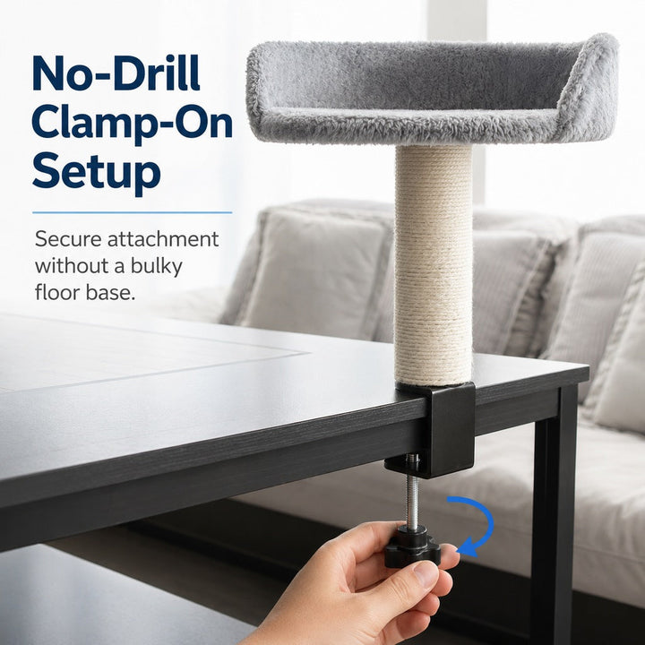 Clamp-On Cat Perch for Home Office Desks | Space-Saving Cat Bed with Sisal Scratching Post