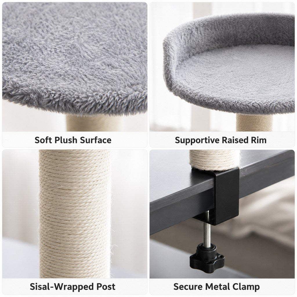Clamp-On Cat Perch for Home Office Desks | Space-Saving Cat Bed with Sisal Scratching Post